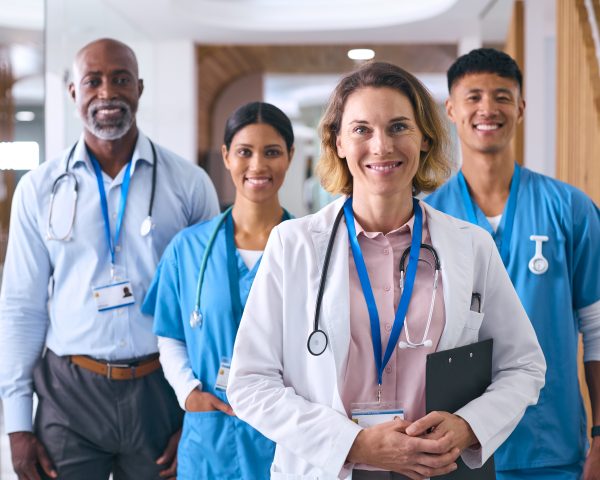 Four healthcare professionals, three in blue scrubs and one in a white coat, stand in a hospital hallway, smiling confidently as they support patients through the NDIS registration process.